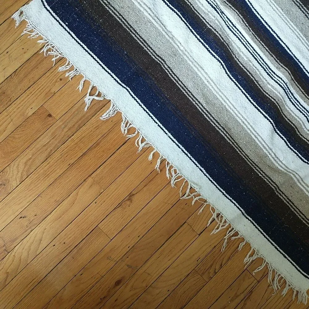 Vtg Mexican Serape Woven Wool Blanket Rug Tapestry Fringes Brown Bird Snake